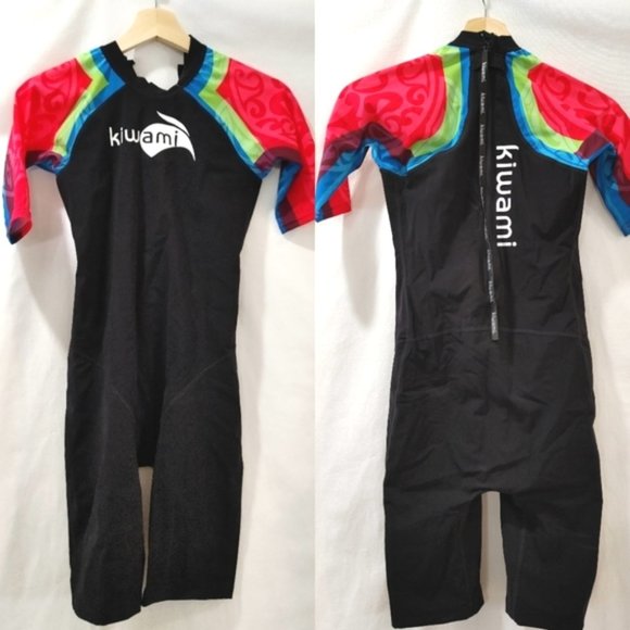 Kiwami Triathlon AQUARUSH SLEEVED SWIMSKIN Black Pink Rainbow Swimming Suit M - Picture 1 of 11